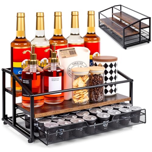 kimilus Coffee Syrup Rack Organizer, 3-Tier 10 Bottle Syrup Rack with 35 K Cup Darwer for Coffee Bar, Countertop Bottle Holder Stand for Dressing for Kitchen Cafe Station - Image 1