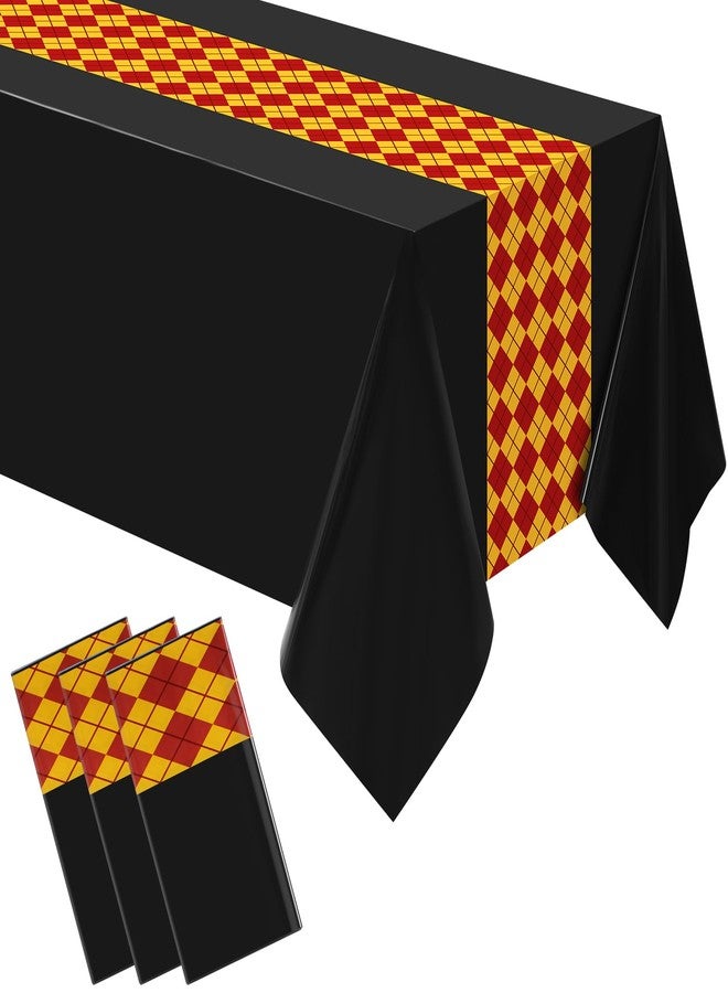 Oudain 3 Pcs 3 Pcs Wizard Tablecloth 54 x 108 Inches Plastic Black Table Cover Red Golden Tablecloth Disposable Magical Party Supplies for Halloween Witch Birthday Party Decoration (Rhombus) - Image 1