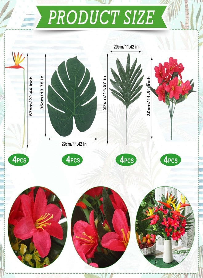 Hotop 4 Set/ 16 Pcs Artificial Tropical Flower Bouquets Bulk for Hawaii Centerpieces Bird of Paradise Lily Bouquet Permanent Flower Tropical Imitation Plant for Party Office Home Decor (Rose Red) - Image 2
