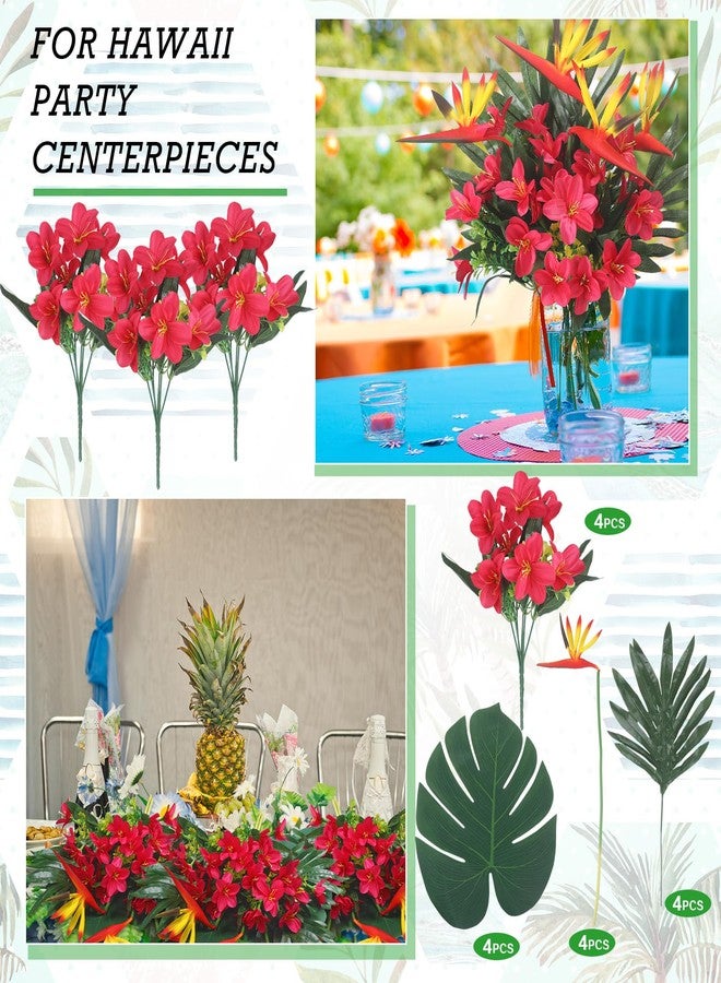 Hotop 4 Set/ 16 Pcs Artificial Tropical Flower Bouquets Bulk for Hawaii Centerpieces Bird of Paradise Lily Bouquet Permanent Flower Tropical Imitation Plant for Party Office Home Decor (Rose Red) - Image 5