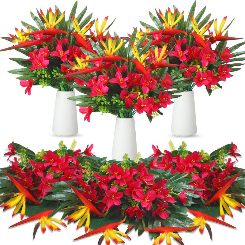 Hotop 4 Set/ 16 Pcs Artificial Tropical Flower Bouquets Bulk for Hawaii Centerpieces Bird of Paradise Lily Bouquet Permanent Flower Tropical Imitation Plant for Party Office Home Decor (Rose Red) - Image 1