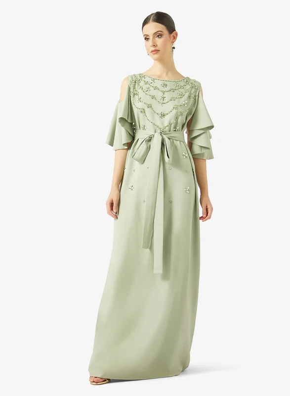 AINA Embellished Cold-Shoulder Gown with Layered Sleeves