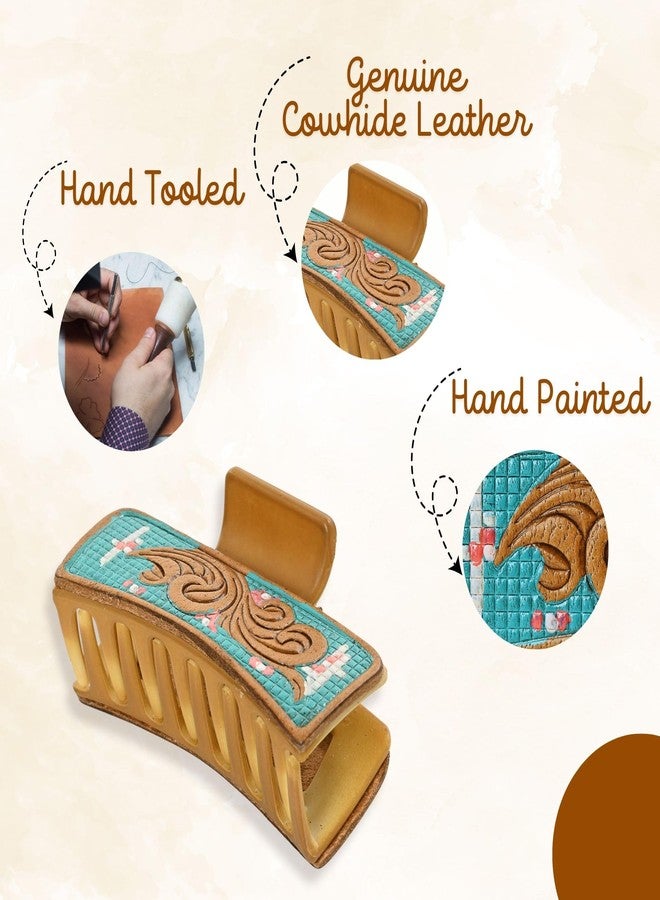 Merbaa Store Merbaa Western Cowhide Hair Claw Clip 3.5" | Hand Tooled Leather Design | Rustic Matte Finish | Strong Grip for Thick Hair | Trendy Cowgirl Gift for Women & Girls | Daily & College Use Hair Accessory - Image 3