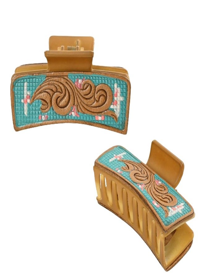 Merbaa Store Merbaa Western Cowhide Hair Claw Clip 3.5" | Hand Tooled Leather Design | Rustic Matte Finish | Strong Grip for Thick Hair | Trendy Cowgirl Gift for Women & Girls | Daily & College Use Hair Accessory - Image 1