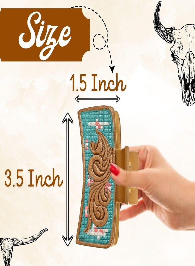 Merbaa Store Merbaa Western Cowhide Hair Claw Clip 3.5" | Hand Tooled Leather Design | Rustic Matte Finish | Strong Grip for Thick Hair | Trendy Cowgirl Gift for Women & Girls | Daily & College Use Hair Accessory - Image 2