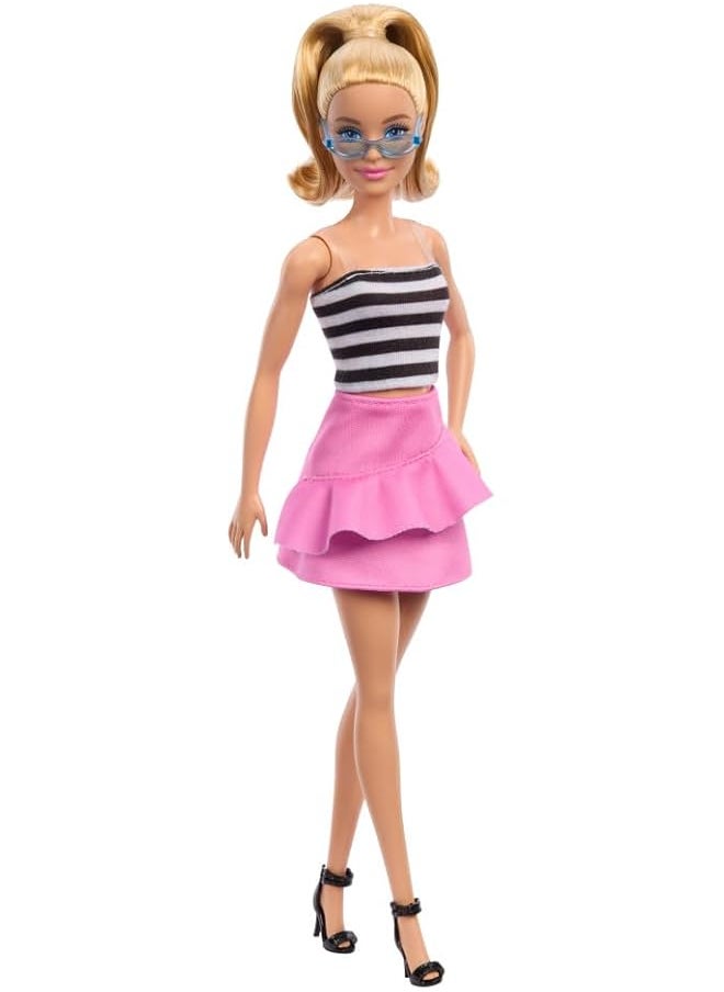 Barbie Fashionistas Doll 213 Blonde With Striped Top Pink Skirt And Sunglasses 65Th Anniversary  - Image 1