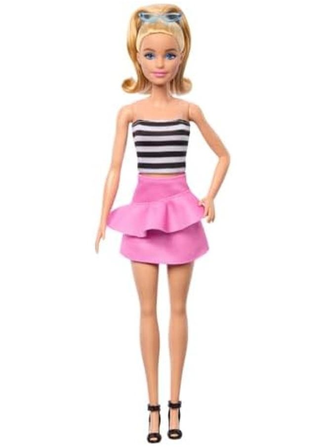 Barbie Fashionistas Doll 213 Blonde With Striped Top Pink Skirt And Sunglasses 65Th Anniversary  - Image 4