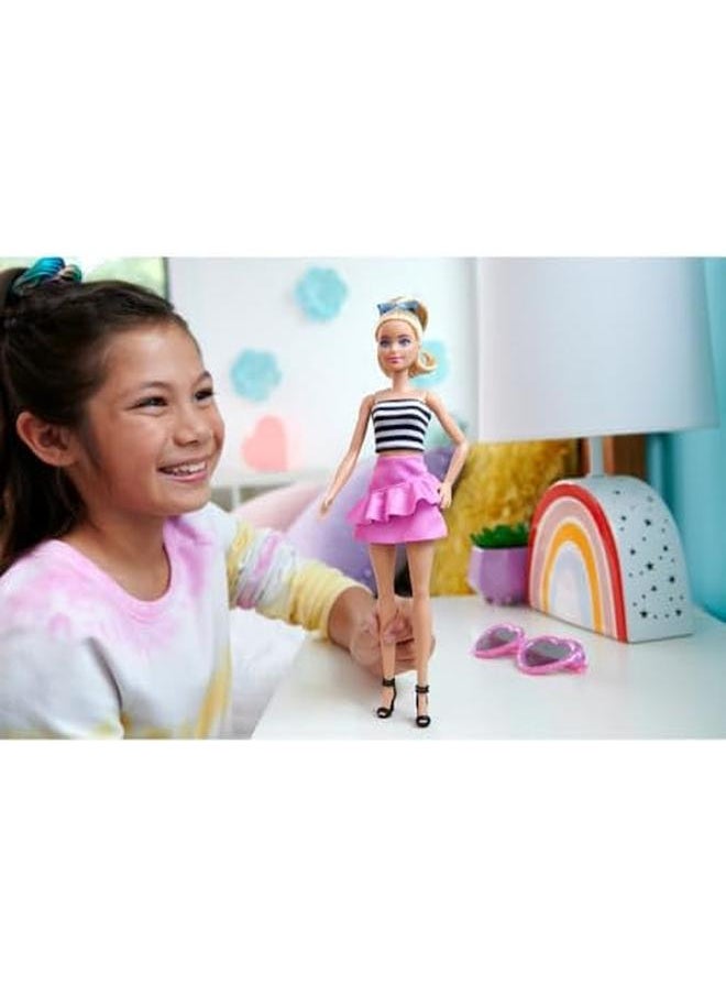 Barbie Fashionistas Doll 213 Blonde With Striped Top Pink Skirt And Sunglasses 65Th Anniversary  - Image 2