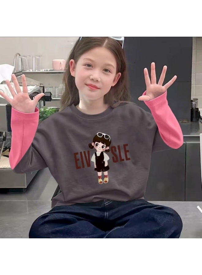 Spring And Autumn Style Baby Girl Pure Cotton Long-sleeved T-shirt, Fashionable Girl Korean Style Fake Two-piece Trendyy Bottoming Shirt, Autum Pure Cotton T-shirt