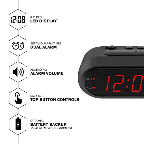 Sharp Digital Alarm Clock – Black Case with Red LEDs - Ascending Alarm Grows Increasing Louder, Gentle Wake Up Experience, Dual Alarm - Battery Back-up, Easy to Use with Simple Operation - Image 2