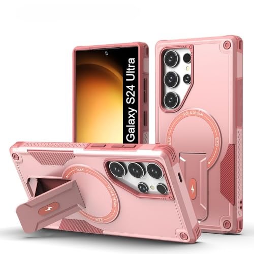 US LITE Back Cover for Samsung Galaxy S24 Ultra with Portable Kickstand | Mag-Safe Compatible Magnetic Case | Shockproof Military Grade Protection | Extreme Protection Phone Cover – Pink - Image 1
