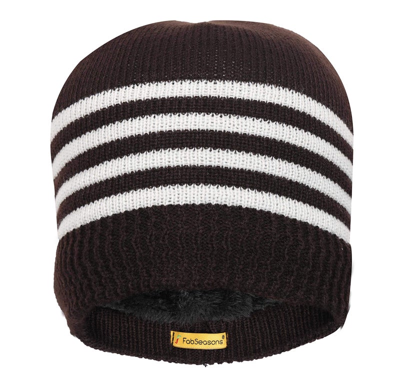 FabSeasons Unisex Acrylic Woolen Skull Cap for Winters with Faux Fur Lining on The Inner Side for Extra Protection from Cold Brown - Image 1