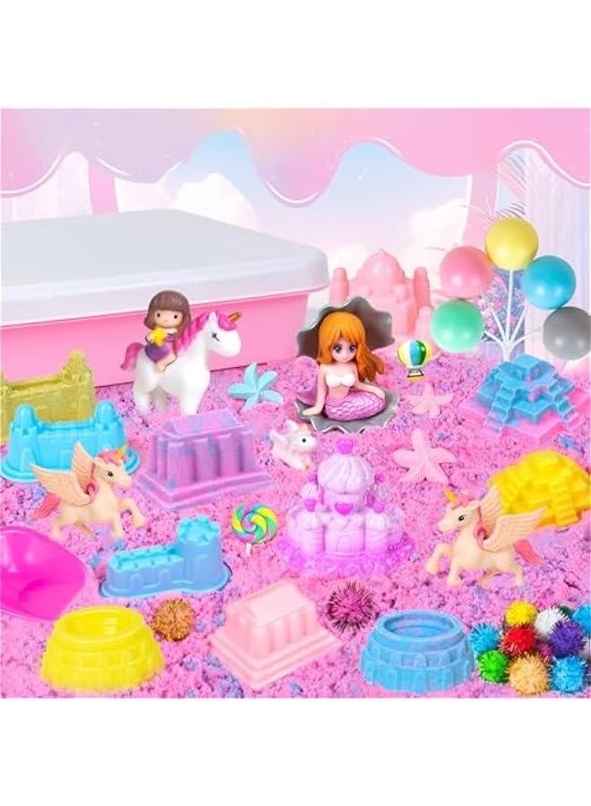 Unicorn Sensory Bin, 47Pcs Sandbox Play Sand Set Sensory Bins for Kids Toddlers Sensory Toys with Magic Sand, Unicorns, Castle Moulds, Mermaid, Tools, Sand Art Kit for Girls Ages 3 4 5 6 7 8 Gift  - Image 3