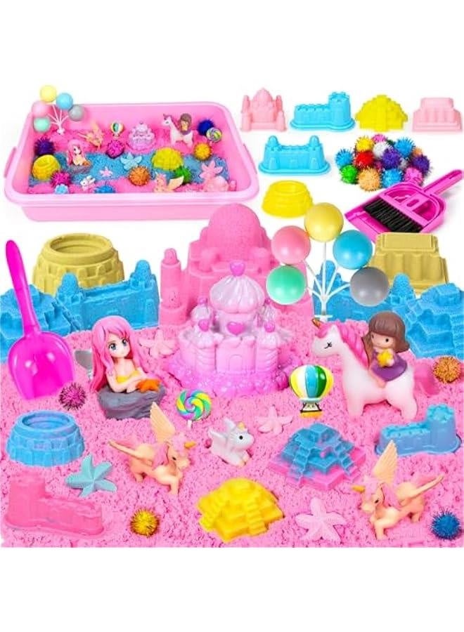Unicorn Sensory Bin, 47Pcs Sandbox Play Sand Set Sensory Bins for Kids Toddlers Sensory Toys with Magic Sand, Unicorns, Castle Moulds, Mermaid, Tools, Sand Art Kit for Girls Ages 3 4 5 6 7 8 Gift  - Image 1