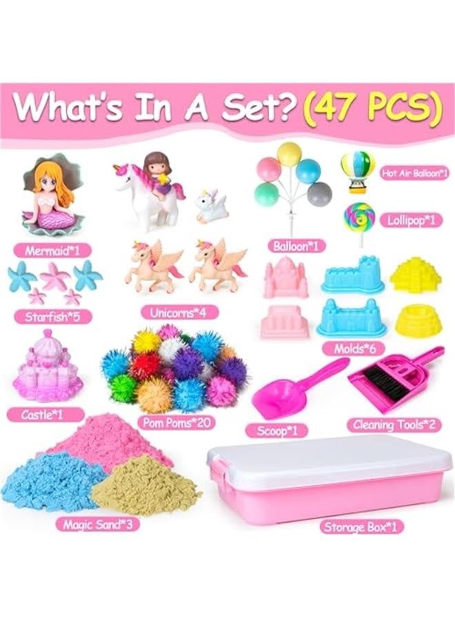 Unicorn Sensory Bin, 47Pcs Sandbox Play Sand Set Sensory Bins for Kids Toddlers Sensory Toys with Magic Sand, Unicorns, Castle Moulds, Mermaid, Tools, Sand Art Kit for Girls Ages 3 4 5 6 7 8 Gift  - Image 2