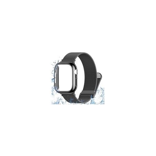 Vigamen Waterproof Stainless Steel Milanese Band with Case Compatible with Apple Watch Bands for Women Men 46mm,Magnetic Metal Wrist Straps for iWatch Series 10 11,Breathable,Adjustable,Black - Image 1