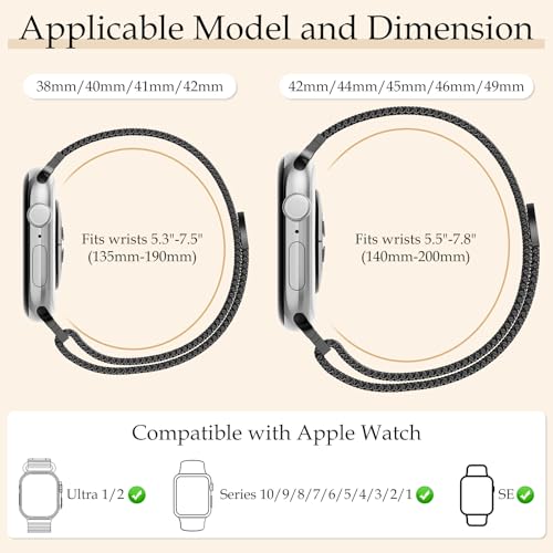 Vigamen Waterproof Stainless Steel Milanese Band with Case Compatible with Apple Watch Bands for Women Men 46mm,Magnetic Metal Wrist Straps for iWatch Series 10 11,Breathable,Adjustable,Black - Image 5