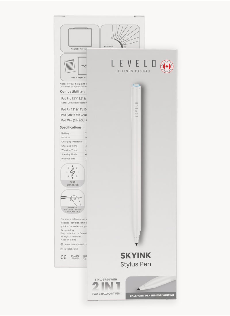 LEVELO - SkyInk 2 in 1 Stylus Pen and Ballpoint Pen For iPad and Writing Magnetic Adsorption Automatic Angle Sensitive Universal ballpoint Refill and Replaceable Palm Rejection Type-C Port For Charing - White - Image 1
