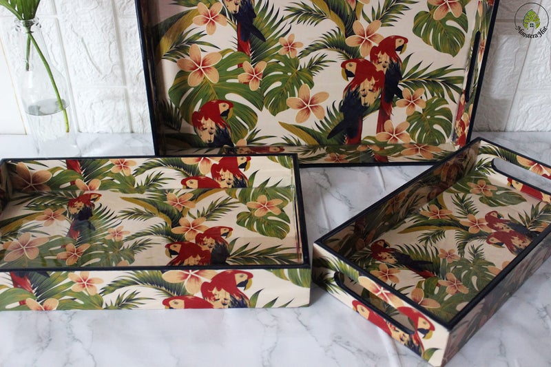 Monstera Hut ® Premium MDF Serving Tray Set3 Nesting Birds of Paradise Home & Kitchen I Dinning Table IMultipurpose use I Glossy Finish I Rectangular I Size-40 * 25 * 9, 35.5 * 20 * 5, 30 * 15 * 5 cm - Image 2