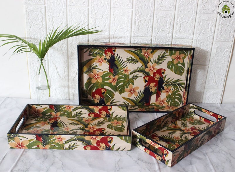 Monstera Hut ® Premium MDF Serving Tray Set3 Nesting Birds of Paradise Home & Kitchen I Dinning Table IMultipurpose use I Glossy Finish I Rectangular I Size-40 * 25 * 9, 35.5 * 20 * 5, 30 * 15 * 5 cm - Image 1