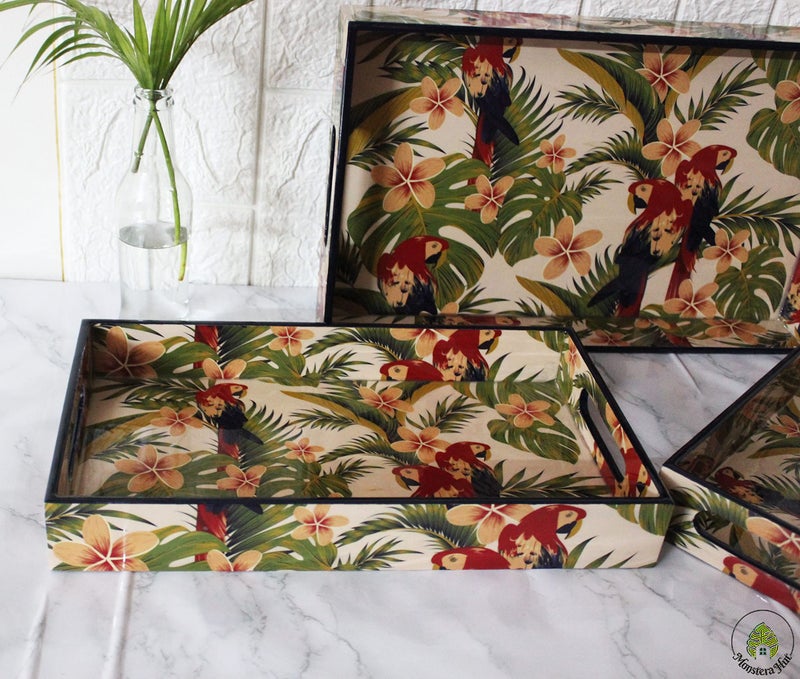 Monstera Hut ® Premium MDF Serving Tray Set3 Nesting Birds of Paradise Home & Kitchen I Dinning Table IMultipurpose use I Glossy Finish I Rectangular I Size-40 * 25 * 9, 35.5 * 20 * 5, 30 * 15 * 5 cm - Image 4