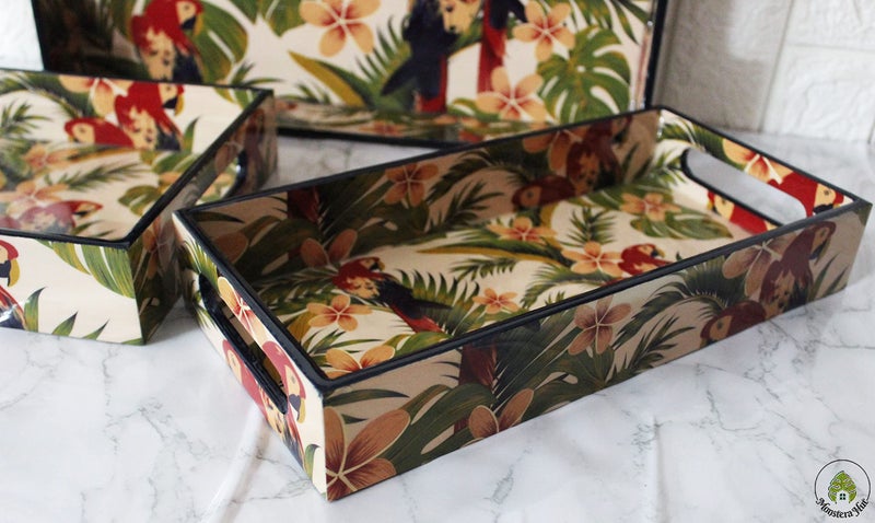 Monstera Hut ® Premium MDF Serving Tray Set3 Nesting Birds of Paradise Home & Kitchen I Dinning Table IMultipurpose use I Glossy Finish I Rectangular I Size-40 * 25 * 9, 35.5 * 20 * 5, 30 * 15 * 5 cm - Image 3