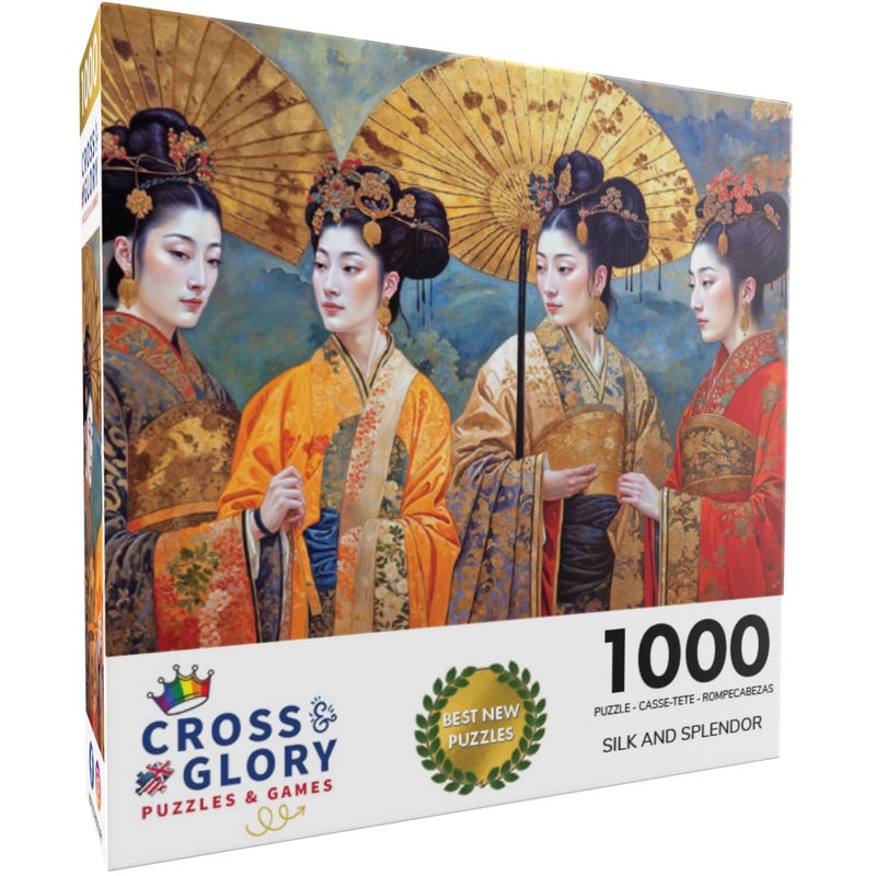 Cross & Glory - Silk and Splendor: an Imperial Puzzle Panorama - 1000 Piece Jigsaw Puzzle for Adults | Tang Dynasty Art | Textured Oil and Watercolor Mix - Image 2