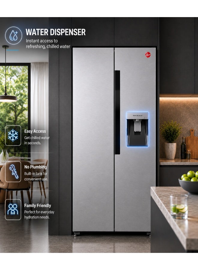 HOOVER 532 Liters Gross Capacity Side Refrigerator With Water Dispenser, Inverter Compressor With 10 Year Warranty, Ice Twister, LED Lights, Crisper with Humidity Control, Steel Finish - HSB-K532-WS HSB-K532-WS Inox - Image 2