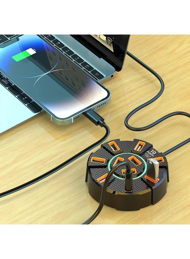 High Speed 10 Port USB Hub With Power Adapter Carbon Fiber Design 47 2 Inch Wire Black - Image 4