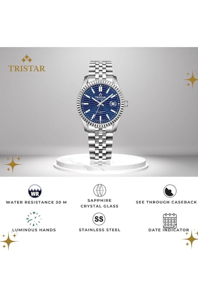 Tristar ساعة تريستار RM سلسلة للرجال بتصميم ياباني أوتوماتيكي مع قرص أزرق داكن مزخرف وسوار من الفولاذ المقاوم للصدأ - Image 4