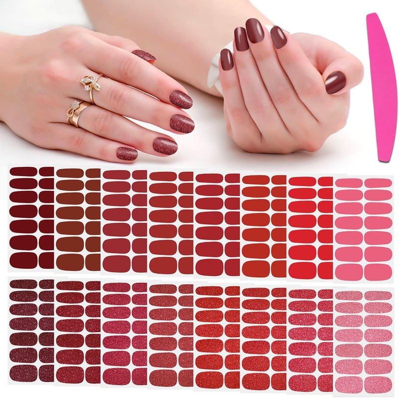 SILPECWEE 16 Sheets Red Nail Polish Stickers Full Nail Wraps for Women Nail Polish Strips Gel Nail Strips Self Adhesive Solid & Glitter Manicure Design Fingernail Sticker Nails with Nail File