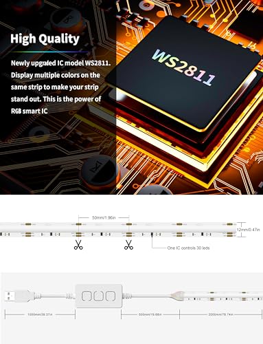 PAUTIX RGB Smart IC COB LED Strip Light USB 5V 6.56ft/2m,Work with Alexa/Google Assistant,Color Chasing UL-Listed Multicolor Flexible Tape LED Strip Light,for Cabinet,TV,Bedroom,Party DIY Decoration - Image 5