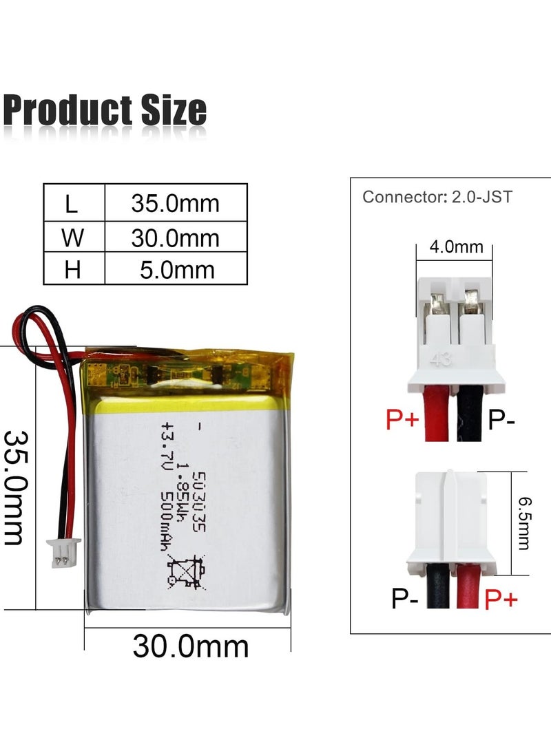 Li-Po Battery 500mAh 3.7V 503035, Rechargeable Lithium Polymer Battery with PH 2.0mm JST Connector  - Image 4