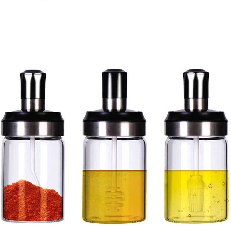Smitex Borosilicate Glass Jar with Brush for GheeButterOil Stoppers 250ml Brush Jar Integrated Seasoning Bottle Sealed LeakProof Brush Oil Bottle Brush Pack of 3