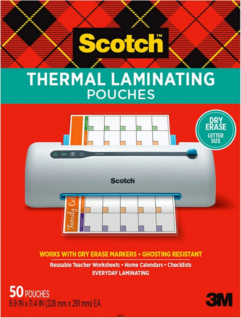 Scotch  Dry Erase Thermal Laminating Pouches, 50-Pack, Works with Dry Erase Markers, Reuseable Worksheets, Calendars, Checklists, 8.9 x 11.4 Inches, Letter Size, Clear Professional Finish (TP3854-50DE) - Image 1