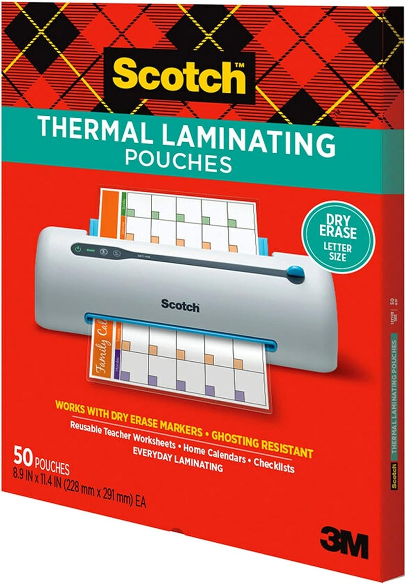Scotch  Dry Erase Thermal Laminating Pouches, 50-Pack, Works with Dry Erase Markers, Reuseable Worksheets, Calendars, Checklists, 8.9 x 11.4 Inches, Letter Size, Clear Professional Finish (TP3854-50DE) - Image 2