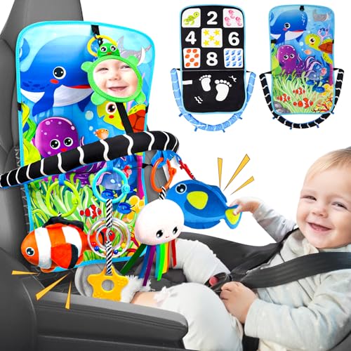 Innofans Baby Car Seat Ocean Animals Toys Kick and Play Double Sided Infant Car Seat Toys with Plush Toys Mirror Teether for Baby Travel Activities Christmas Birthday Gifts Newborn Infant Toy - Image 1