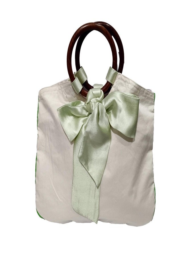 athizay bags wooden handle Pistachio Bow Detailing Top handle hand carry bags for women (off-white, Pista) - Image 1