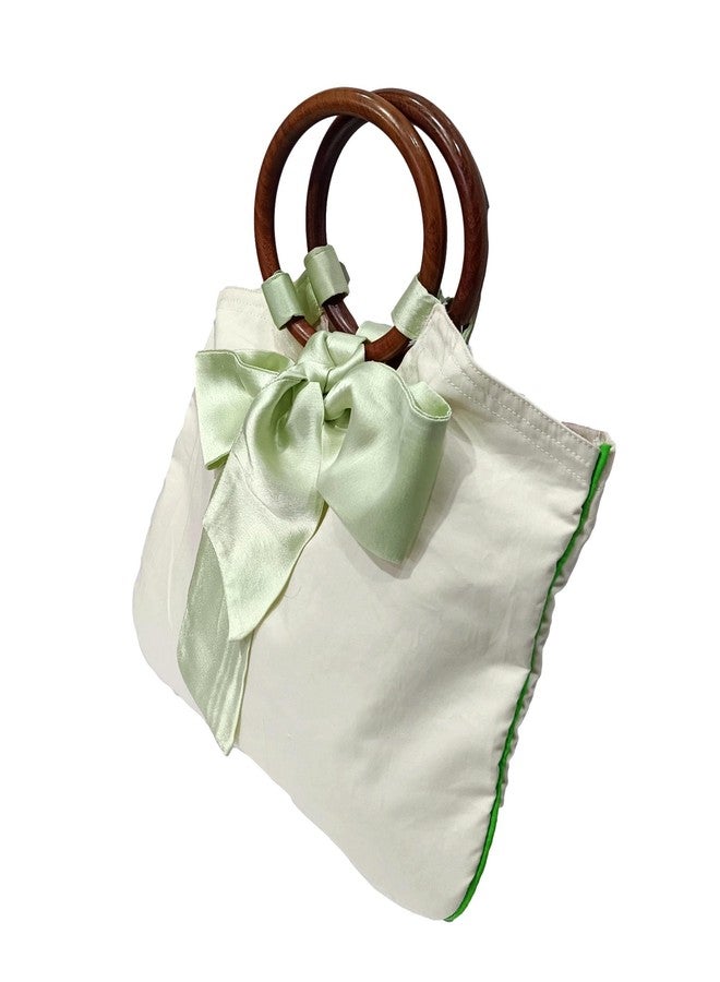 athizay bags wooden handle Pistachio Bow Detailing Top handle hand carry bags for women (off-white, Pista) - Image 5