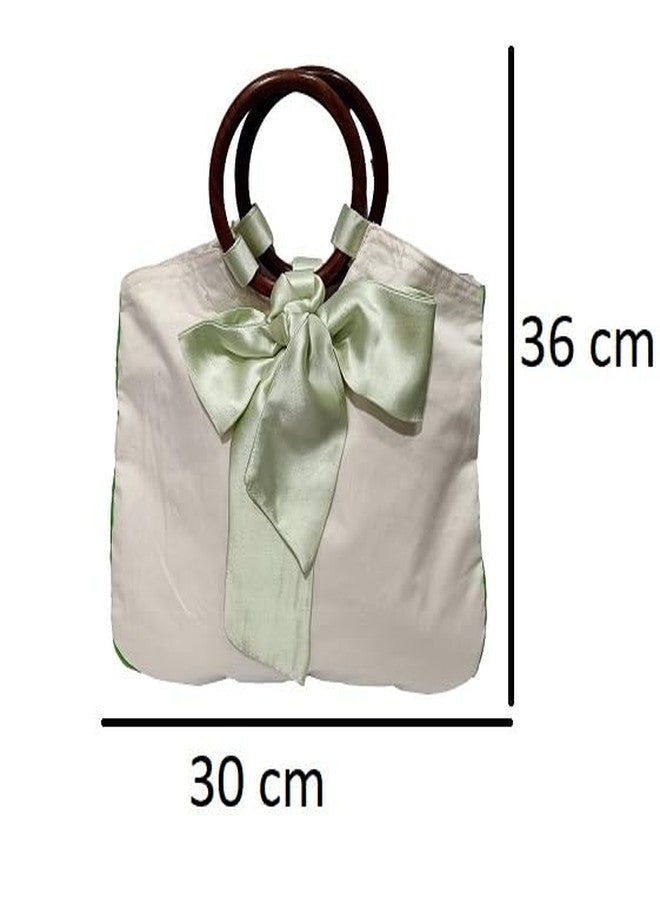 athizay bags wooden handle Pistachio Bow Detailing Top handle hand carry bags for women (off-white, Pista) - Image 2