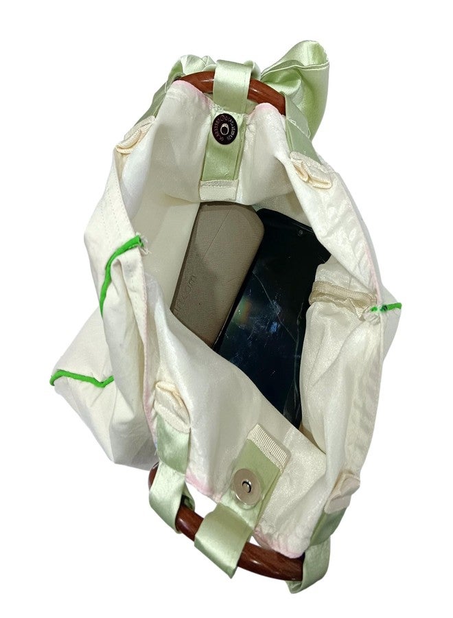 athizay bags wooden handle Pistachio Bow Detailing Top handle hand carry bags for women (off-white, Pista) - Image 4