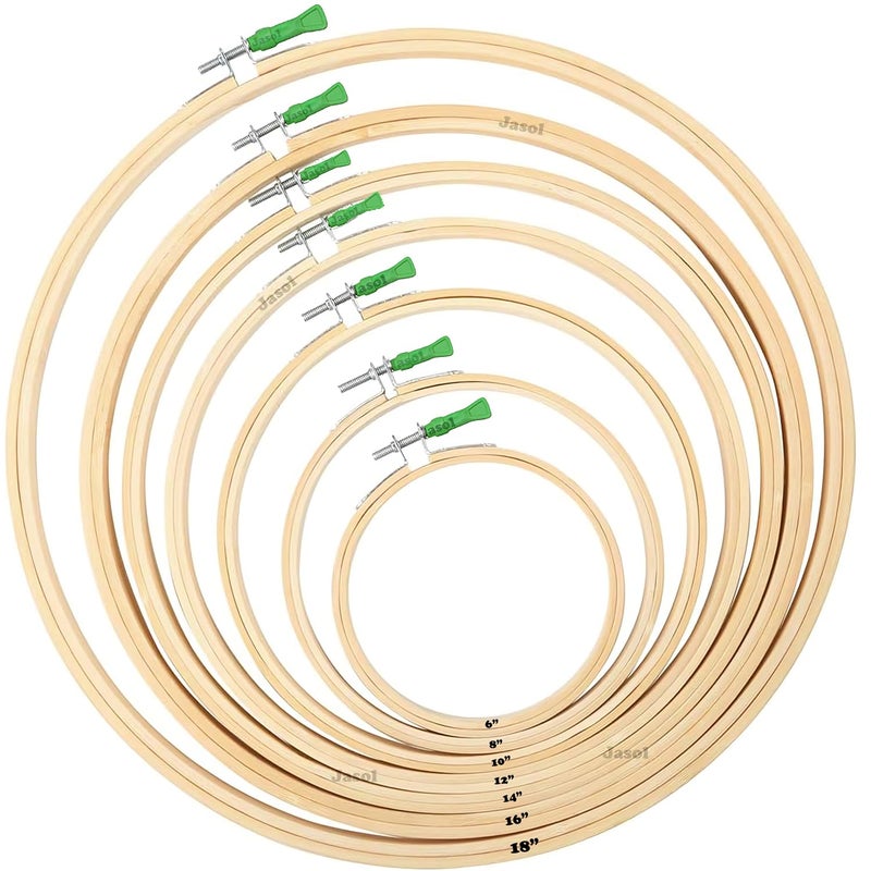 Jasol 7 Pieces 7 Sizes Embroidery Hoops 6 Inch to 18 Inch Bamboo Circle Cross Stitch Hoop Rings for Craft Sewing and Saree Embroidery Work - Image 1