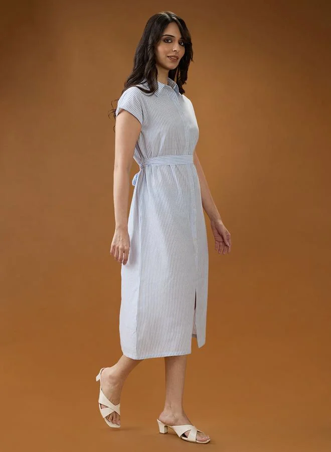 globus Blue Collared Neck Striped Midi Shirt Dress