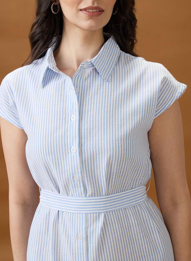 globus Blue Collared Neck Striped Midi Shirt Dress - Image 4