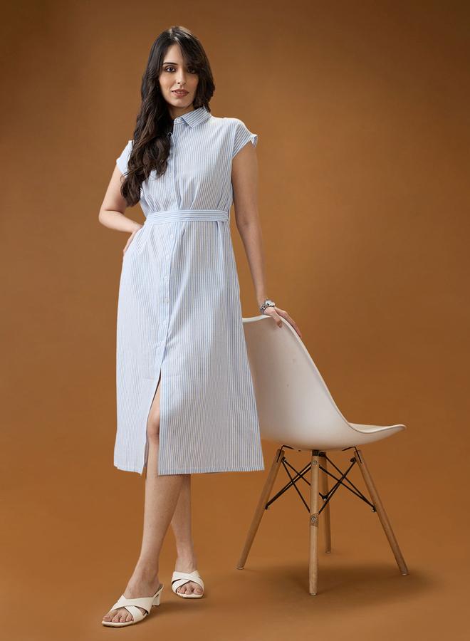 globus Blue Collared Neck Striped Midi Shirt Dress - Image 5