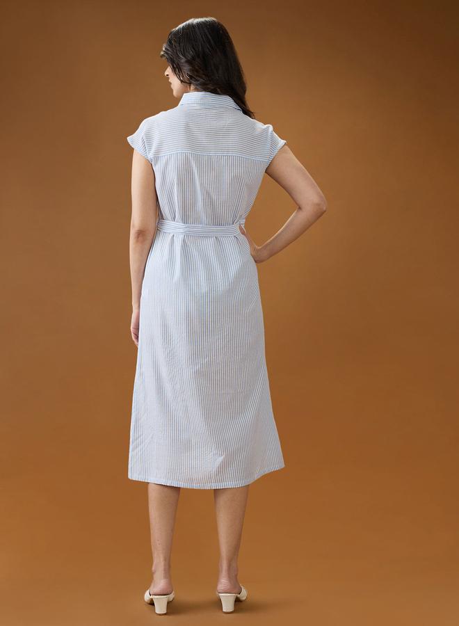 globus Blue Collared Neck Striped Midi Shirt Dress - Image 3