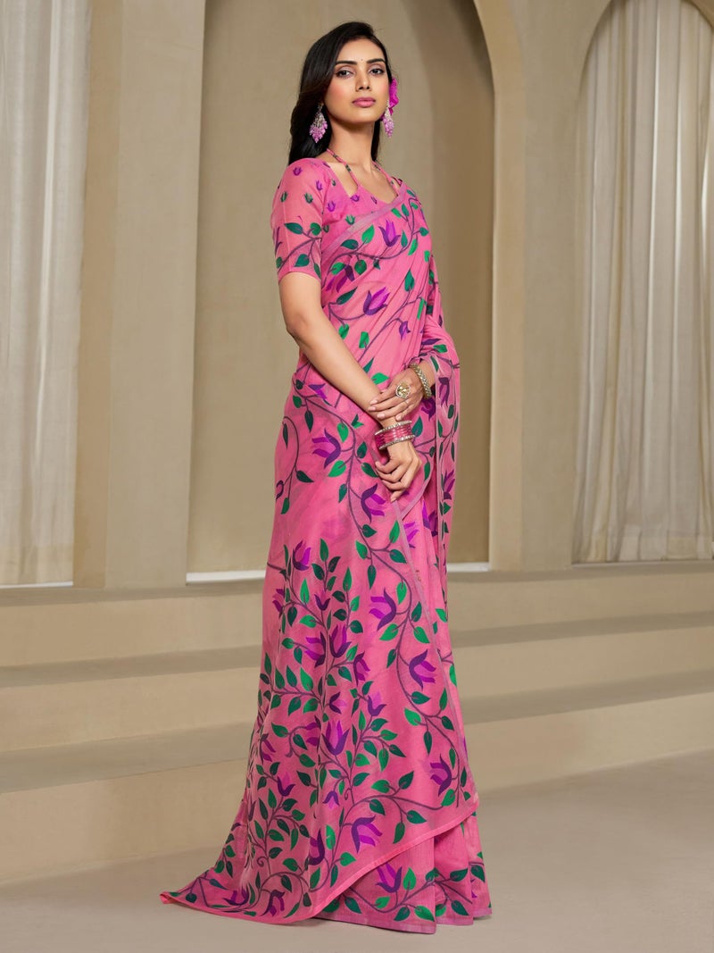 EthnicJunction Women's Pure Cotton Woven Saree With Blouse Piece(Light Pink) - Image 5