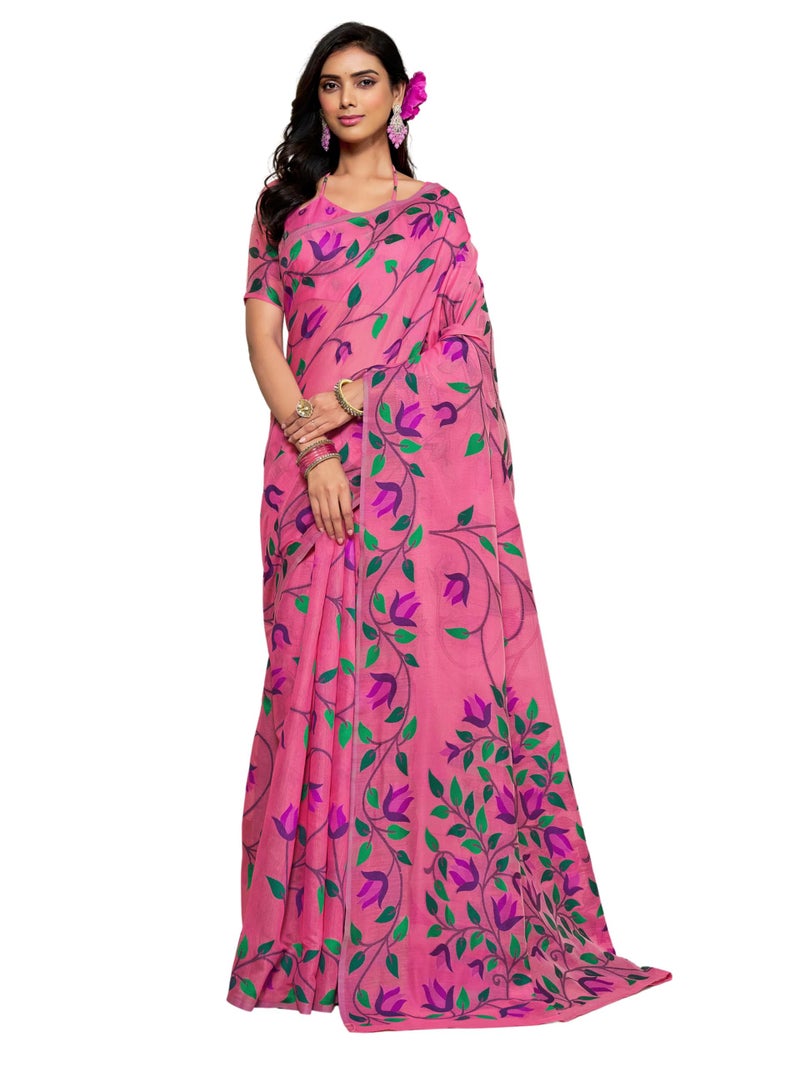 EthnicJunction Women's Pure Cotton Woven Saree With Blouse Piece(Light Pink) - Image 1
