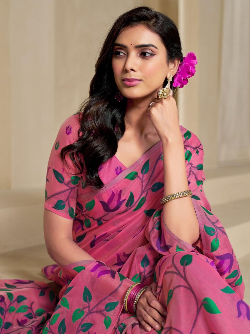 EthnicJunction Women's Pure Cotton Woven Saree With Blouse Piece(Light Pink) - Image 2