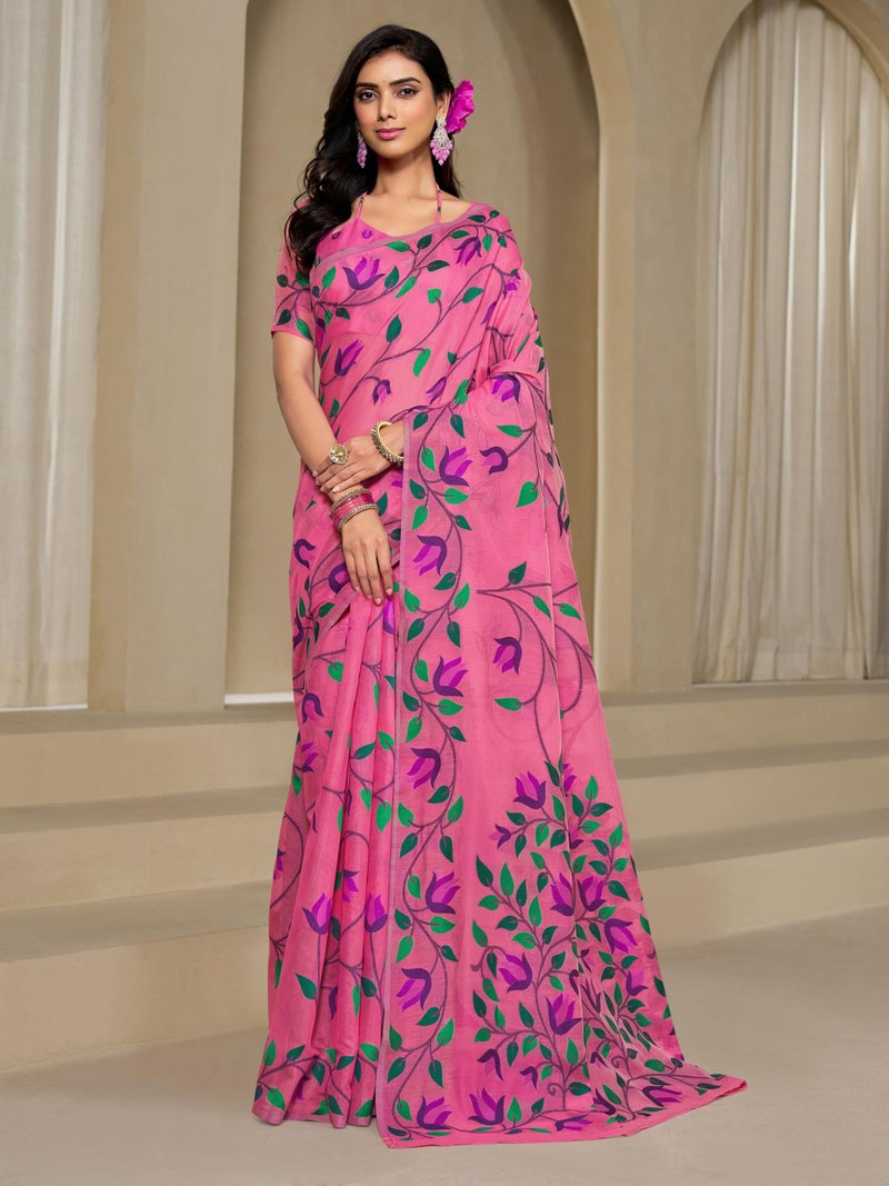 EthnicJunction Women's Pure Cotton Woven Saree With Blouse Piece(Light Pink) - Image 4
